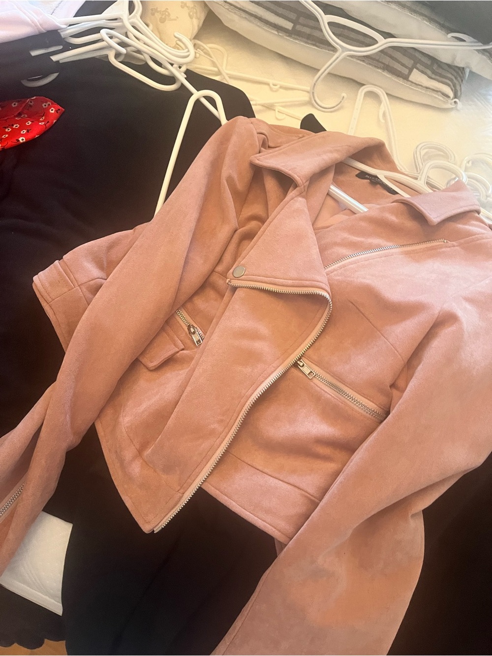 Kittenish Blush Suede Moto Jacket